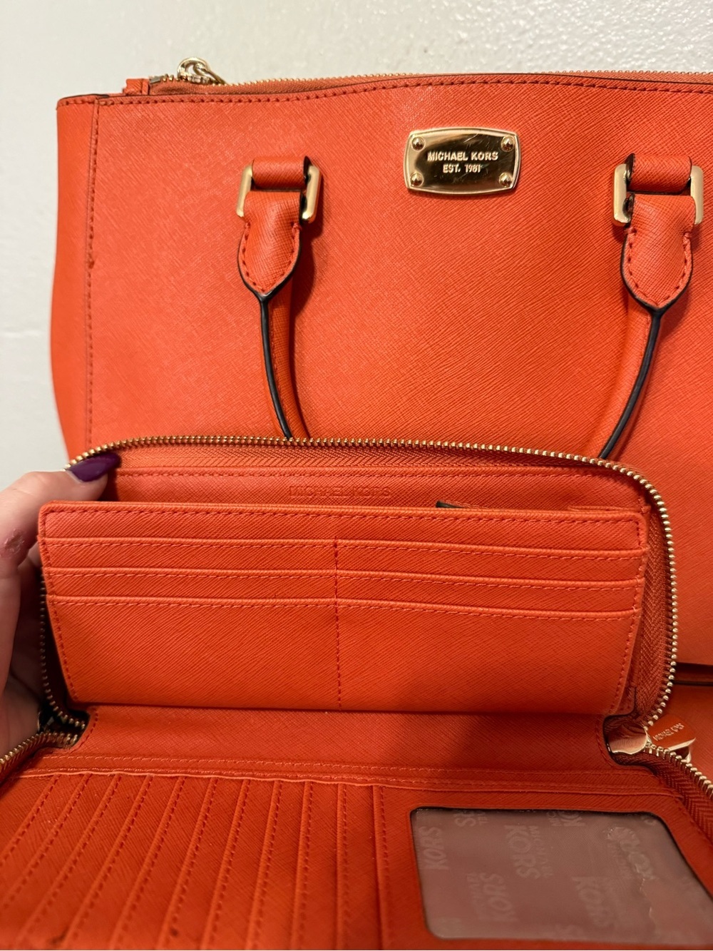 Michael Kors Orange Saffiano Tote & Matching Zip Wristlet Wallet Set - Picture 6 of 16
